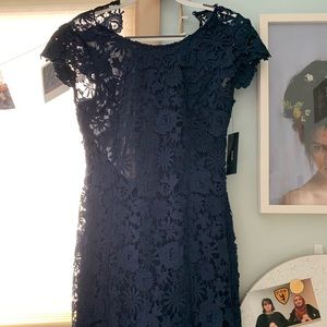 Navy blue floral lace backless cocktail dress
